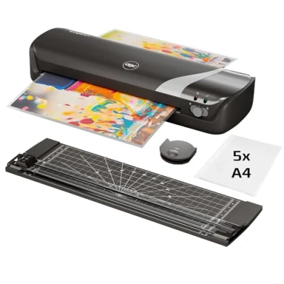 Abbildung von GBC Inspire+ 4 in 1 Set mit A4 Laminiergerät, Papierschneider und Eckenrunder, inkl. Starterkit Laminierfolien, Für 75 bis 125 mic Laminiergerät Schwarz (4410036)