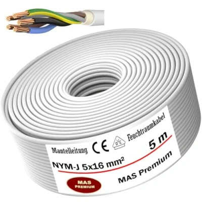 Abbildung von MAS Premium Feuchtraumkabel Stromkabel 5 170m Mantelleitung NYM J 5x1,5, 2,5, 4, 6, 10 oder 16 Elektrokabel Ring für feste Verlegung (NYM 5x16 mm², 5m)
