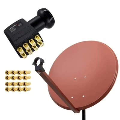 Abbildung von Premium X Satelliten Komplettanlage 100cm Satellitenschüssel Aluminium Rot Satellitenantenne Octo LNB F Stecker, SAT bis 8 Teilnehmer