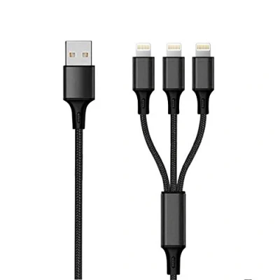 Abbildung von 2GO Ladekabel 3in1 3xApple Lightning auf USB 3 Geräte gleichzeitig Laden, Nylon Ummantelung, Aluminium Stecker,150cm,schwarz