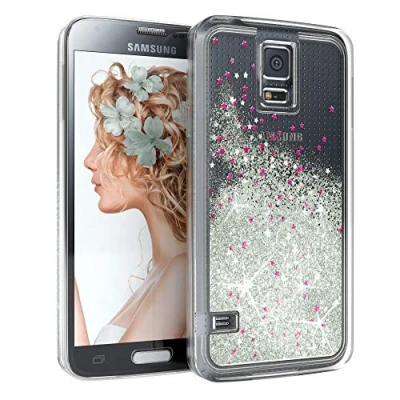 Abbildung von EAZY CASE Hülle kompatibel mit Samsung Galaxy S5/LTE+/Duos/Neo Schutzhülle Flüssig Glitzer, Handyhülle, Schutzhülle, Back Cover Glitter Flüssigkeit, Silikon, Transparent/Durchsichtig, Silber