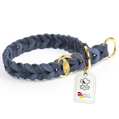 Abbildung von CopcoPet Fettleder Hundehalsband Würger geflochten mit Messing Zugstopp Ring, Handarbeit aus Deutschland, Marineblau 40 45 cm x 25 mm Hunde Halsband