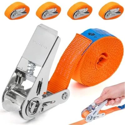 Abbildung von INTAKO Spanngurte mit Ratsche 4m x 800kg 25mm 4 Stück Mini Spanngurt Set Zurrgurt Klein Einteilig Ratschengurt Orange TÜV GS Zertifiziert DIN EN 12195 2
