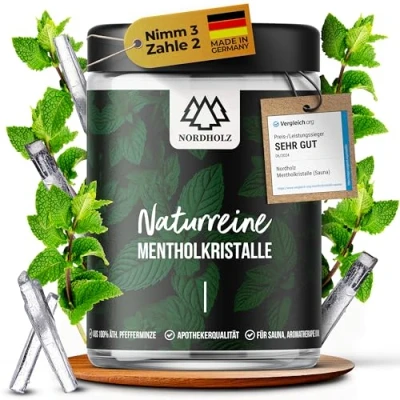 Abbildung von NORDHOLZ® Mentholkristalle [50gr] für Sauna in Premium Qualität aus 100% Minzöl Befreit die Atemwege und sorgt intensiven Duft der Zubehör (100gr. Tiegel)