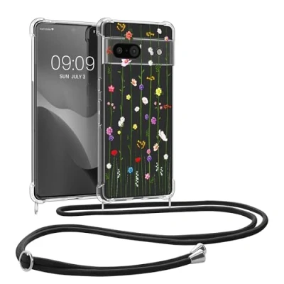Abbildung von kwmobile Necklace Case kompatibel mit Google Pixel 8a Hülle Silikon Cover Handykette Mehrfarbig Transparent Wildblumen Ranke