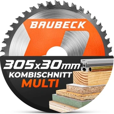 Abbildung von BAUBECK Sägeblatt 305x30 3mm Zuschnitt in Holz &amp; Alu, 48 Zähne für Kappägen, wie Metabo KGS 305 M, Bosch GCM 12 GDL/SDE kompatibel, Kreissägeblatt 305, Kappsägeblatt