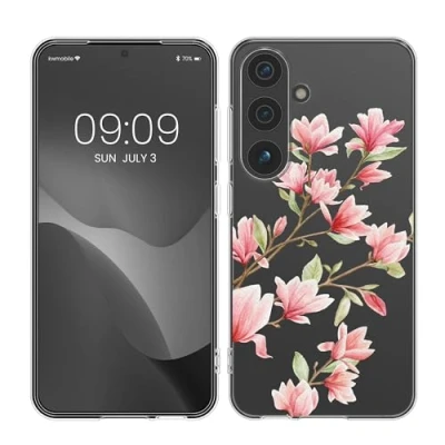Abbildung von kwmobile Case kompatibel mit Samsung Galaxy S24 Hülle Silikon Transparent Magnolien Rosa Weiß