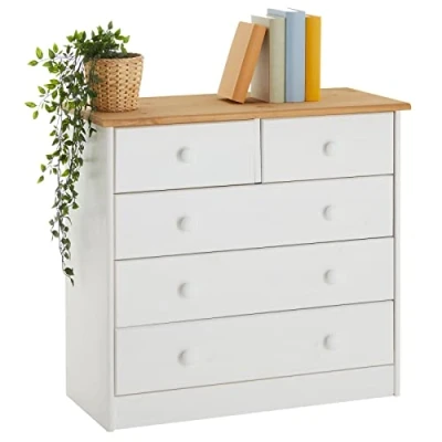 Abbildung von IDIMEX Kommode RONDO, Anrichte Sideboard 5 Schubladen Kiefer massiv weiß/braun lacki