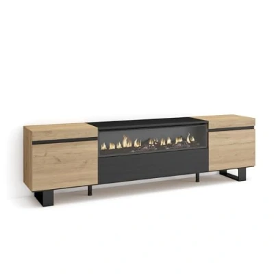 Abbildung von Skraut Home TV Schrank, Lowboard Für Wohnzimmer und Esszimmer 200x57x35cm Geräte bis zu 80&quot; Elektrokamin. Maße Industriedesign Moderner Stil Eiche Schwarz