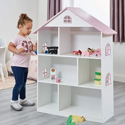 Abbildung von Liberty House Toys Puppenhaus Bücherregal, Dach, Holz, Weiß/Rosa, 106,5 cm H x 83 B 30 T