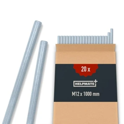Abbildung von HELPMATE Gewindestange M12 x 1000 mm aus verzinktem Stahl 20 Stück Gewindestab mit metrischem Vollgewinde Gewindestift Festigkeitsklasse 4.8, DIN 976