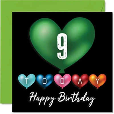 Abbildung von Lustige Geburtstagskarte zum 9. Geburtstag für Jungen und Mädchen Herzballons Happy Birthday Karte Sohn, Tochter, Bruder, Schwester, Enkel, Enkelin, Nichte, Neffe, Cousin, 145 mm x