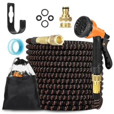 Abbildung von LINGKY Flexibler Gartenschlauch 15m mit 8 Funktionen Schlauchdüse, dehnbarer flexiSchlauch, Vollmessing Adapter 1/2&#039; 3/4&#039; Zoll und Wandhalterung, für den Außenbereich, Orange