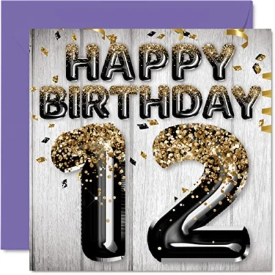 Abbildung von Geburtstagskarte zum 12. Geburtstag für Jungen schwarze und goldene Glitzerballons Happy Karten 12 Jahre alten Sohn Bruder Enkel Cousin 145 mm x Grußkarten den