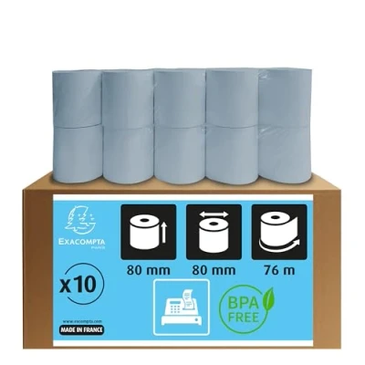 Abbildung von Exacompta 43918E 10er Pack Recycling Thermorollen SafeContact Breite: 80mm, Länge 76m, Durchmesser Kern 12mm, 52g/m² Hitze , Licht und Feuchtigkeitsbeständig blaugrau für Kassen Kassenrolle