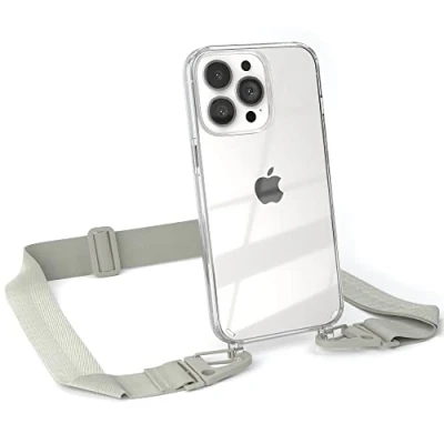 Abbildung von EAZY CASE Hülle mit Band kompatibel iPhone 13 Pro Handyhülle Umhängeband für Silikonhülle Transparent Schutzhülle Handykette zum Umhängen Handykordel Smartphone in Taupe Grau