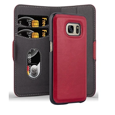 Abbildung von Cadorabo Hülle kompatibel mit Samsung Galaxy S7 2in1 aus Premium Kunst Leder Flip Klappbare Stoßfeste Magnetische [Standfunktion] [Kartenfächern] Cover für Tasche in Rot