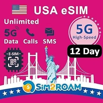 Abbildung von USA Prepaid eSIM KarteUnbegrenzte 5G/4G Daten in den (einschließlich Hawaii)+Low Speed Kanada und MXUnbegrenzte Anrufe SMS zwischen USA, CA MXWiederaufladbar (12 Tage)