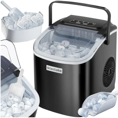 Abbildung von tectake® Eiswürfelmaschine, Ice Maker, 2,1l Volumen, Eiswürfelbereiter, Maschine bereitet 9 Würfel in 6min, 12kg 24h, mit Eisschaufel, Küchengeräte Haushalt, Mini Bar, Abkühlung Sommer schwarz