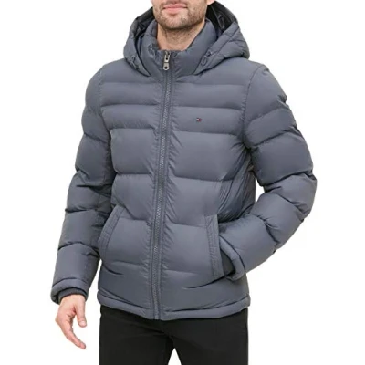 Abbildung von Tommy Hilfiger Herren Hooded Puffer Jacket Daunenalternativer Mantel, Dunkelgrau, XS