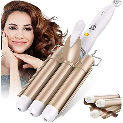 Abbildung von Lockenstab 3 Dreifache Fässer Welleneisen für Haare 25mm Beach Waves Lockenwickler, Wellenstyler Turmalin Keramik Digitale Temperaturanzeige Lange/kurze