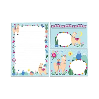Abbildung von JUNAPACK Briefpapier Set Kinder Briefblock A5 mit Umschlägen Notizblock Papier Lama Alpaka, 15 Umschlägen, liniert &amp; leicht beschreibbar