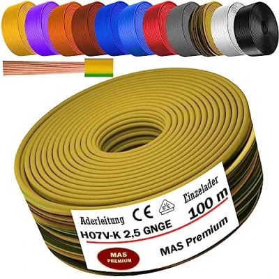 Abbildung von MAS Premium Aderleitung H07 V K 1x2,5 mm² HBL GRGE RT DBL BR OR GR WS VIO oder GE Einzelader flexibel Von 5 bis 100m (Grüngelb, 100m)