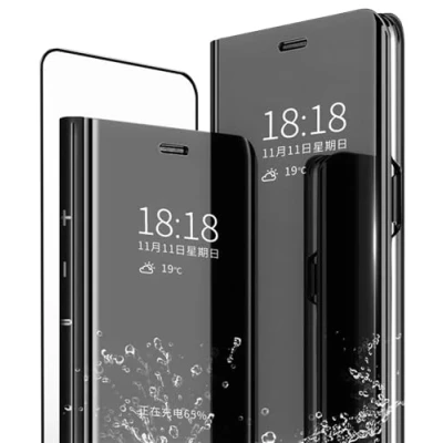 Abbildung von MLOTECH Hülle für Samsung A50/A50S/A30S Handyhülle + Gehärtetes Glas schutzfolie Flip Transluzent View Miroir Anti Schock Spiegel Standfunktion Schutzhülle Schwarz