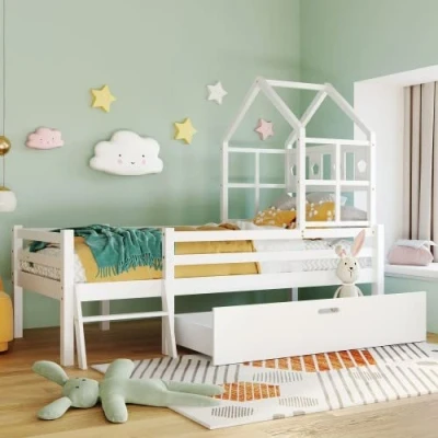Abbildung von Hausbett Spielbett Kinder Bett, Vielseitiges Kiefernrahmen Kinderbett mit Leiter und Schubladen, Hochbett Massivholz Rausfallschutz 90x200cm Weiß