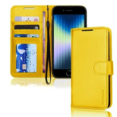 Abbildung von TECHGEAR hülle iPhone SE 2022 5G / 2020 Leder klappbar, PU Flip Schutzhülle Ledertasche [Brieftasche] Handyhülle mit Ständer und Handschlaufe Gelb Kompatible 8/7/6
