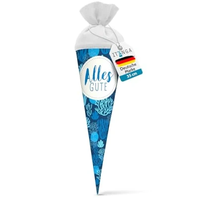 Abbildung von itenga Geschwisterschultüte 35 cm Tiere Pflanzen Muster Geschenkverpackung Schultüte Zuckertüte Filzverschluss Kinder Erwachsene (Korallen mit Text)