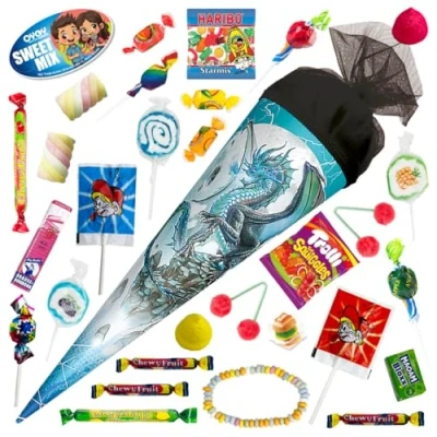 Abbildung von OYOY 35cm Schultüte gefüllt mit Süßigkeiten Mix I ROTH Eisdrache kleine fertig Geschwister Einschulung Geschenk