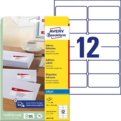 Abbildung von AVERY Zweckform J8177 25 Adressetiketten/Adressaufkleber (300 Etiketten, 99,1x42,3mm auf A4, bedruckbar, selbstklebend, für DIN lang Briefkuverts, Papier matt, Inkjet Drucker) Blatt, weiß