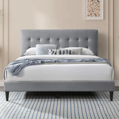 Abbildung von Bett 140x200 &amp; 160x200 cm, Polsterbett mit Lattenrost, Bettgestell, Doppelbett weichem Bezug und gepolstertem Kopfteil Kassettensteppung, hoher Liegekomfort Grau cm