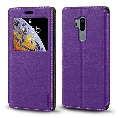 Abbildung von LG G7 Schutzhülle, Holzmaserung, Leder Schutzhülle mit Kartenhalter und Fenster, Magnetverschluss, für ThinQ