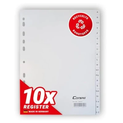 Abbildung von Conipa® 10er Set A Z Register für Ordner DIN A4 alphabetisch (MADE IN GERMANY) &amp; Trennblätter aus PP mit Buchstaben (Alphabet) Trennregister Akten, Ringbücher Hefter (Grau)