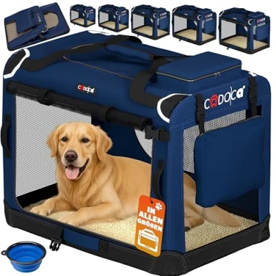 Abbildung von CADOCA® Hundebox faltbar Transportbox XXXL 101x70x70cm robust atmungsaktiv Transporttasche Auto Rückbank Haustiertransportbox Hundetragetasche Navyblau