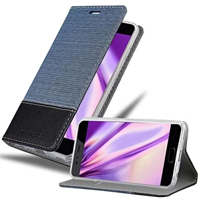 Abbildung von Cadorabo Hülle kompatibel mit Huawei P10 Plus aus Premium Jeans und Kunst Leder Flip Klappbare Stoßfeste Magnetische [Standfunktion] [Kartenfächern] Cover für Tasche in Blau