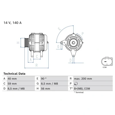Abbildung von BOSCH 0 986 085 040 Lichtmaschine 14V 140A VOLKSWAGEN: Polo V Schrägheck, CADDY 4 Kasten, Kombi, SEAT: Ibiza Sportcoupe