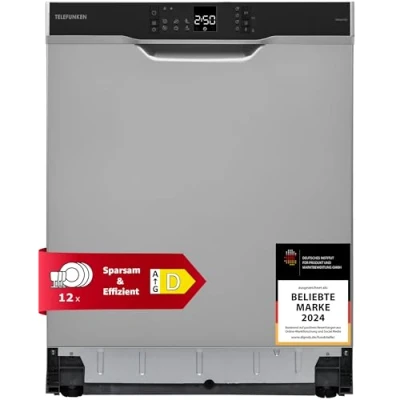 Abbildung von Telefunken Geschirrspüler Unterbau 60 cm, Spülmaschine Silber, 12 Maßgedecke, 6 Programme, AquaStop, Startzeitvorwahl, leise 45 dB, Speed Wash, Eco, höhenverstellbar, Besteckkorb, GEU6012DI