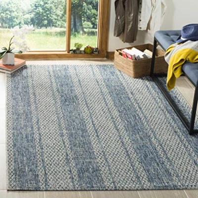 Abbildung von SAFAVIEH Zeitgenössische Teppich für Wohnzimmer, Esszimmer, Schlafzimmer Courtyard Collection, Kurzer Flor, Hellgrau und Blau, 160 X 231 cm