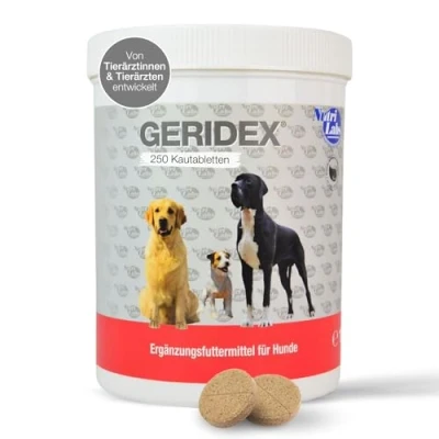 Abbildung von NutriLabs Geridex® Tabletten für Senioren Hunde 250 STK. Seniorentabletten mit Glucosamin, Weißdorn u.v.m. Nahrungsergänzung Teufelskralle MSM Hund