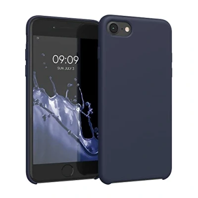 Abbildung von kwmobile Hülle kompatibel mit Apple iPhone SE (2022) / (2020) 8 7 Silikon Handy Case Handyhülle weiche Oberfläche kabelloses Laden Dunkelblau matt