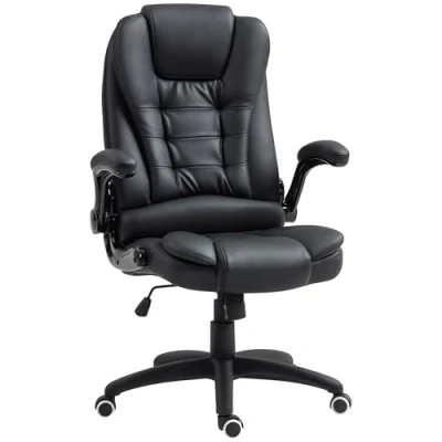 Abbildung von HOMCOM Bürostuhl, Ergonomisch Chefsessel mit Wippfunktion, Hochklappbare Armlehne, Höhenverstellbar Schreibtischstuhl Drehfunktion für Home Office, Kunstleder, Schwarz