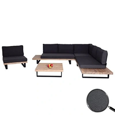 Abbildung von Mendler Garten Garnitur mit Sessel HWC H54, Lounge Set Sofa, Spun Poly Akazie Holz MVG Aluminium Hellbraun, Polster dunkelgrau
