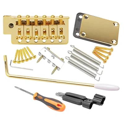Abbildung von Unxuey E Gitarre Tremolo Bridge Bar Kit, 6 Saiten Brücke System Set mit Halsplatte Verstärkungsplatte für Fender Strat Ersatz, Gold