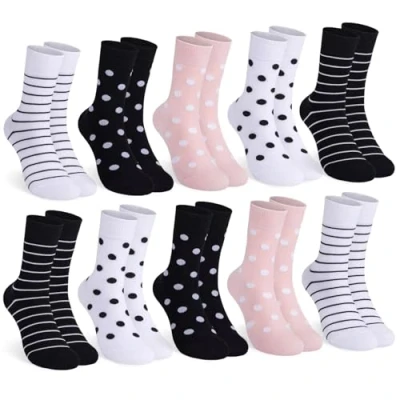 Abbildung von Mowenti socken damen 39 42 sportsocken strümpfe socks Damensocken bunte Schwarz Streifen Punkte baumwollsocken 10 Paar 2x Weiß 1x Pink
