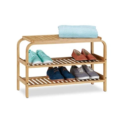 Abbildung von Relaxdays Schuhbank Bambus, 6 Paar Schuhe, Sitzbank Flur, Bad, 2 Ablagen, Garderobenbank HxBxT: 45 x 70 30 cm, natur