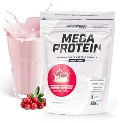 Abbildung von Energybody Mega Protein &quot;Cranberry Buttermilch&quot; 500 g/Mehrkomponenten Pulver mit Casein Whey Mix als Eiweiss Pulver/Eiweiß Shake ohne Aspartam/Eiweißpulver / 20 Portionen