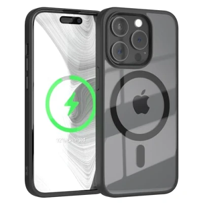 Abbildung von EAZY CASE Crystal TPU Hülle kompatibel mit iPhone 15 Pro Qi Charging, Silikon Kameraschutz, Slimcover, Handyhülle, Silikonhülle, Backcover, Durchsichtig, Transparent/Schwarz